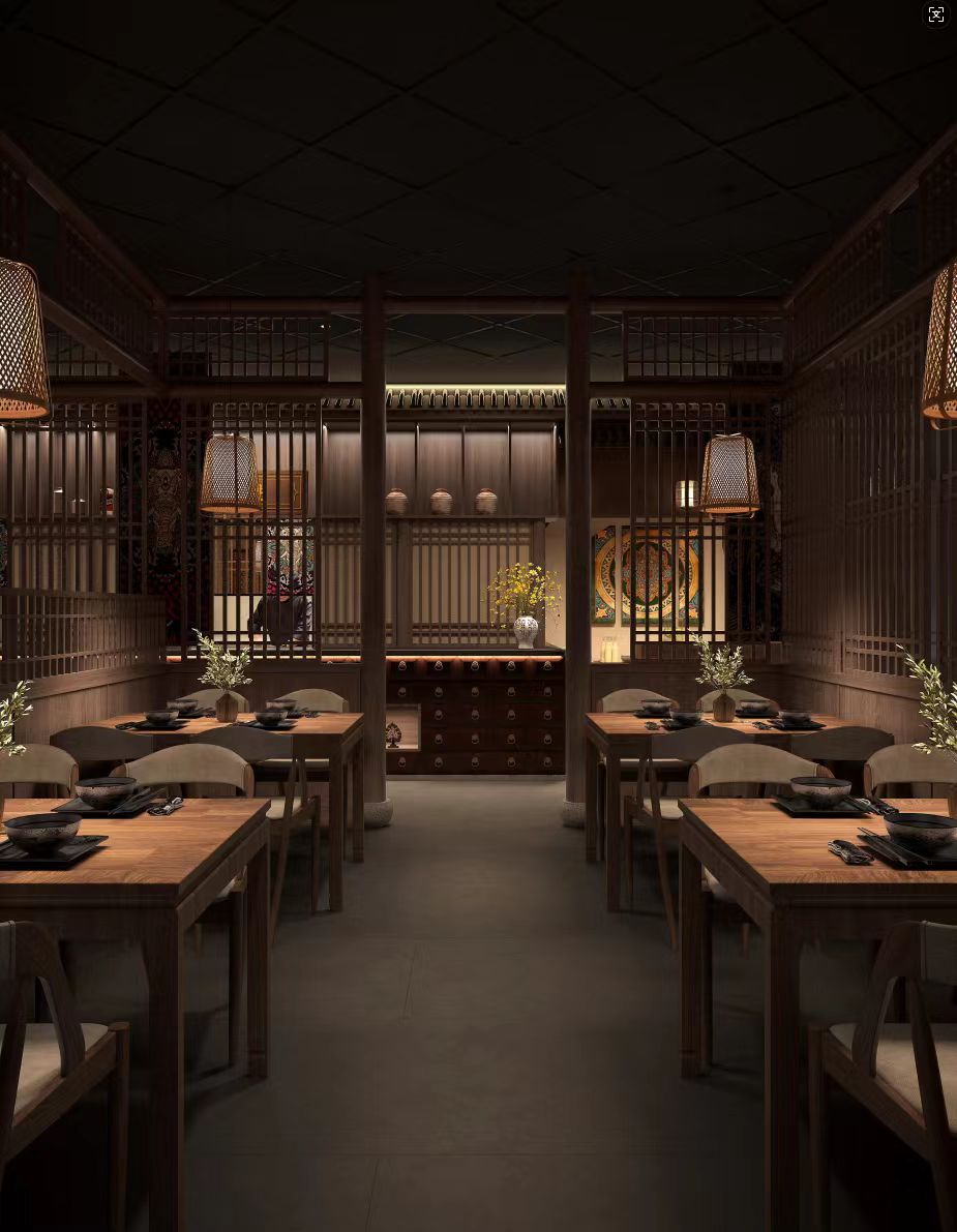 Main dining area with traditional wood tables and woven lanterns