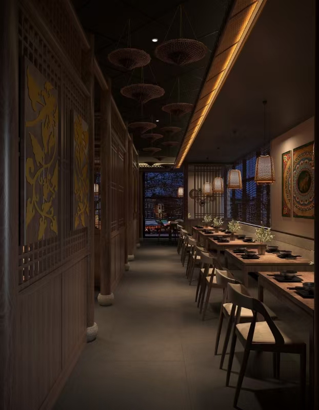 Hallway dining corridor with lattice screens and wall art