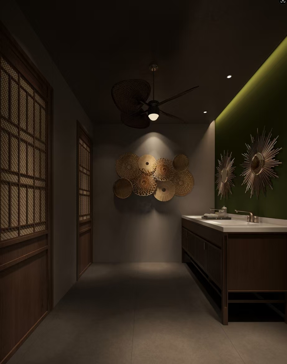 Restroom with woven wall art and traditional lattice doors