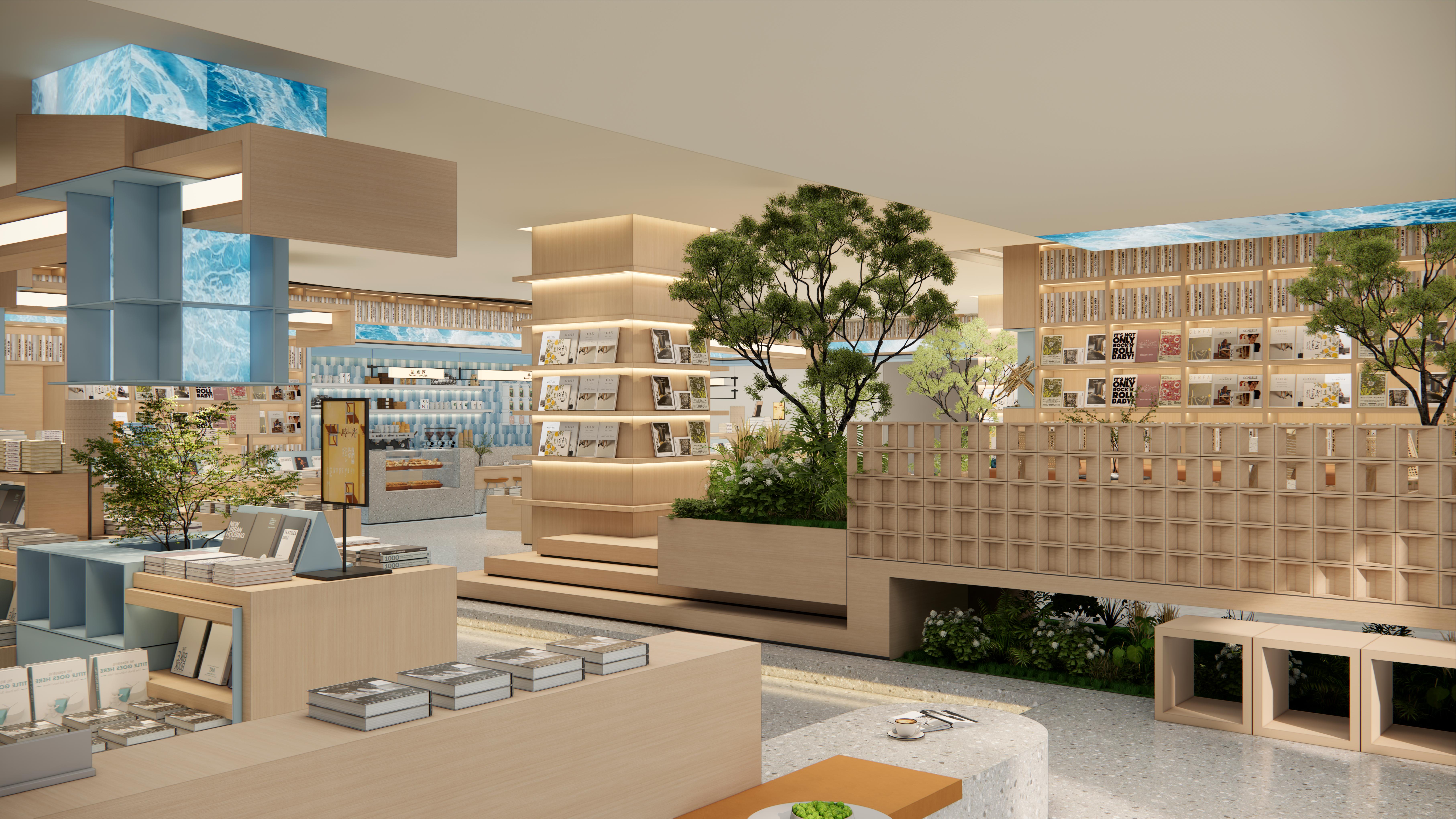 Grand interior hall with sweeping timber shelves